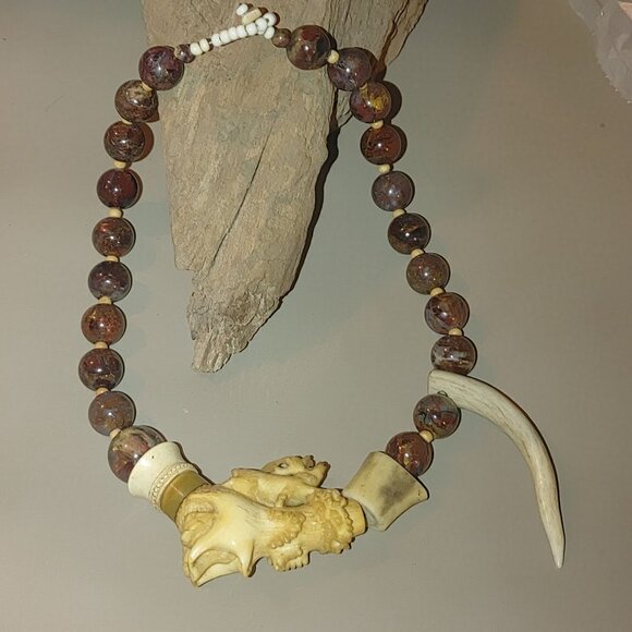 Antique Agate Bead Necklace Carved Antler Pendant Deer Elk Artisan Craft Rustic - Picture 15 of 16